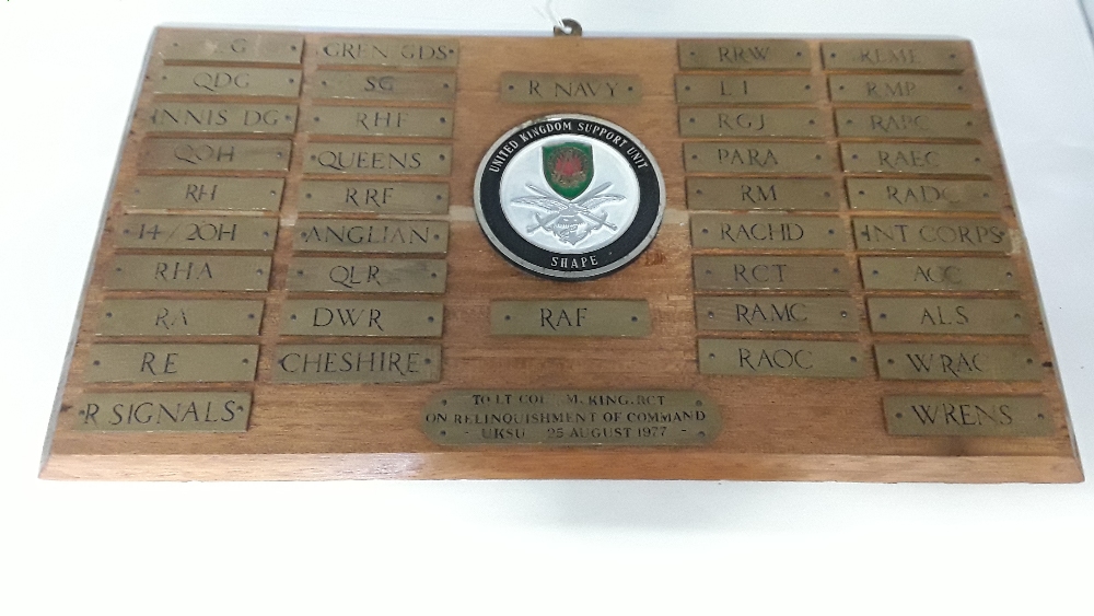 A large Combined Services United Kingdom Support Unit S.H.A.P.E. presentation wall plaque, etc. - Image 2 of 5