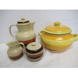 A pottery coffee set marked Colditz together with a lidded casserole pot made in Sweden.