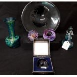 Six items of glassware including a Caithness Pebble, Mdina and an Isle of Wight bowl.