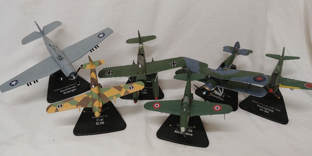 A set of six model planes including the Avenger, the Fairey Swordfish, etc.