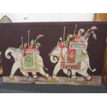 A large Indian printed cotton picture depicting figures riding elephants.