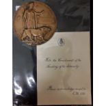 A WW1 Royal Navy Memorial Plaque or Death Penny with Admiralty certificate.