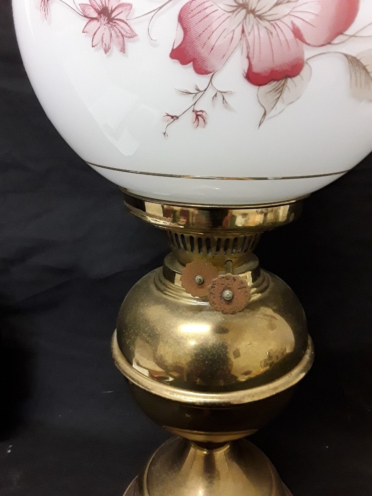 A Victorian style brass oil lamp with hand blown funnel and opaline lampshade. - Image 4 of 4