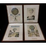 Four 19th Century hand coloured prints depicting early balloons.