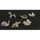 Collection of six silver brooches in form of animals.