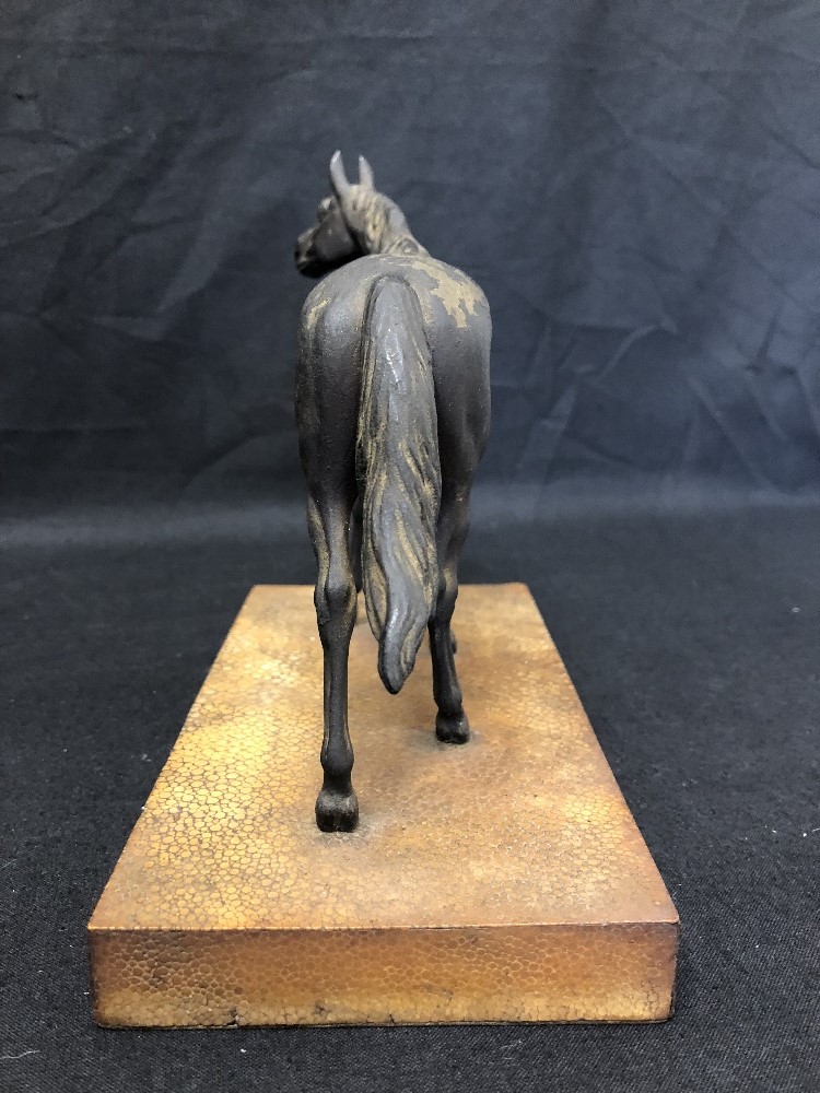 A metal horse painted as bronze, mounted on a wooden base. - Image 2 of 4