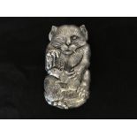 A silver plated vesta case in the form of a cat and a rat.