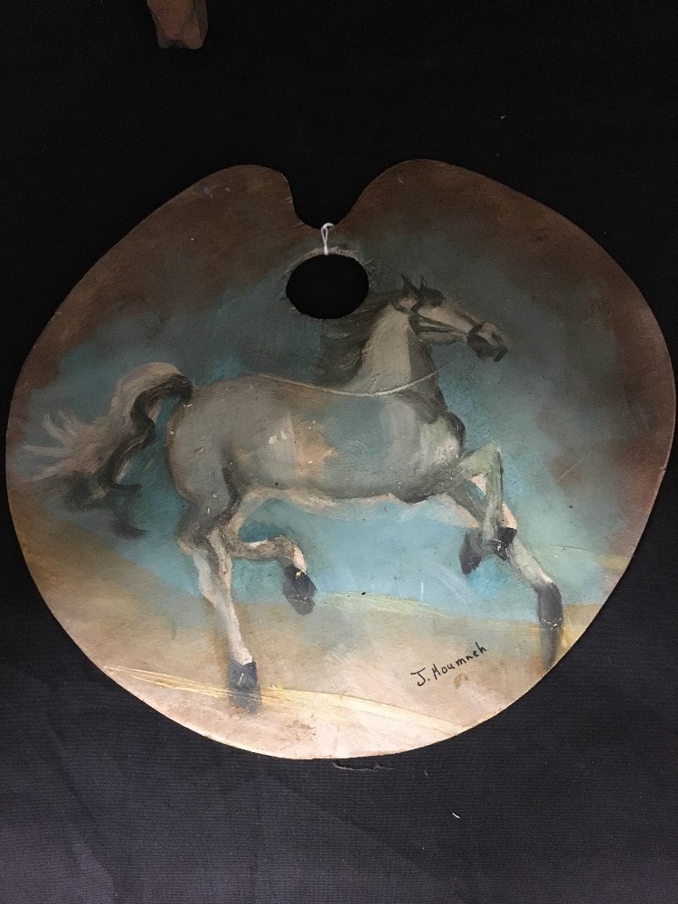 A water colour on paper with an artist's paint palette decorated with a painted horse. - Image 3 of 4