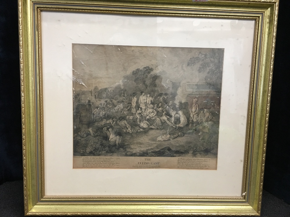 A framed and glazed etching of "The Flying Camp" by A. Dubsc.......remainder of name hidden by mount