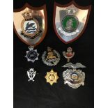 A collection of police and military badges and plaques.
