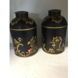 A pair of Chinese hand painted tea tins in black.