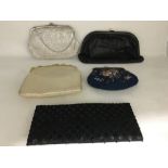 A collection of scarves, silk purses and beaded purses together with a fur jacket.
