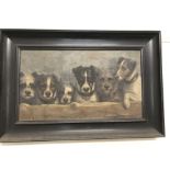 A circa 1900 oil on canvas depicting six dogs.