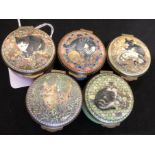 A set of five Crummles enamel trinket pots depicting "A Calendar of Kittens".