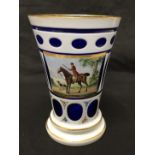 A 19th Century overlaid glass beaker/vase with a hand painted panel depicting a horse and rider.
