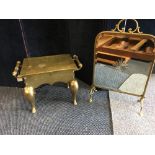 A brass two handled stool together with a mirrored brass fire screen.