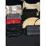 A collection of seven handbags including two unused and three evening bags.