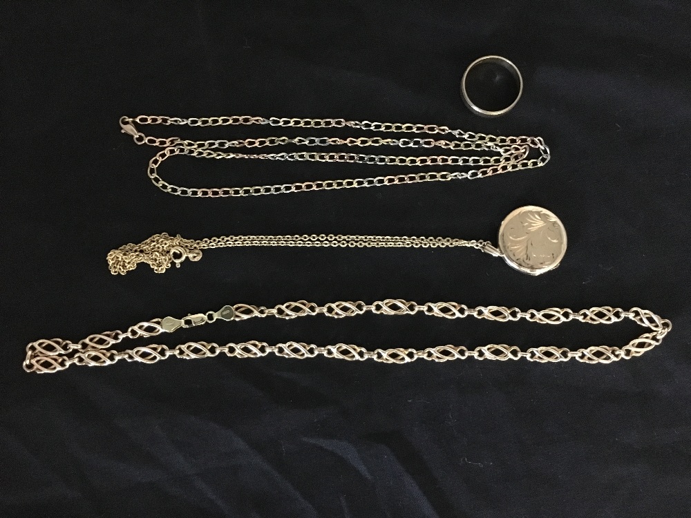 A collection of 9k yellow gold items including ring and chains
