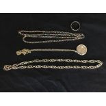 A collection of 9k yellow gold items including ring and chains