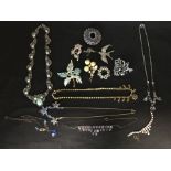 An assortment of costume jewellery including seven brooches and a variety of necklaces.