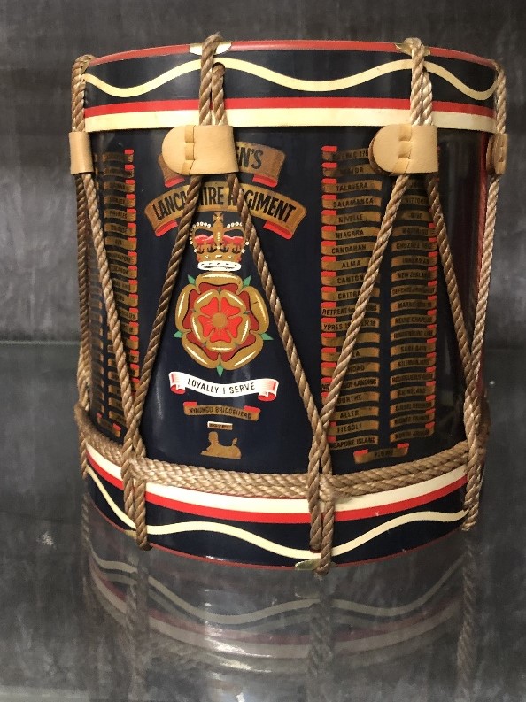 The Queens Lancashire Regiment ice bucket in the form of a Regimental drum with Battle Honours.