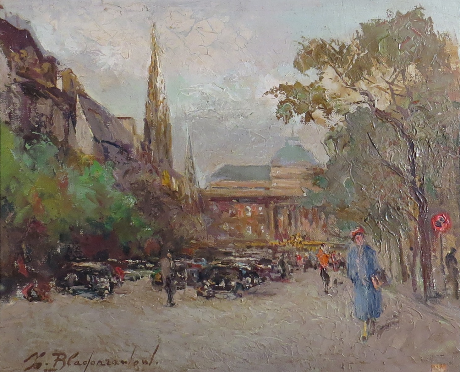 Fedor Blagonrarov. Rue de ville animée . HSToile. Signée. 38 x 46 cm -