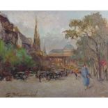 Fedor Blagonrarov. Rue de ville animée . HSToile. Signée. 38 x 46 cm -