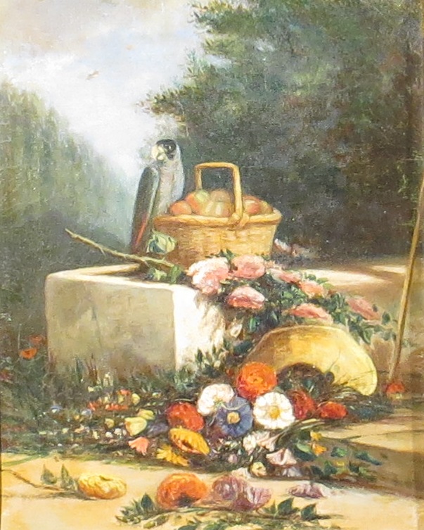 Ecole XIXe. Nature morte au perroquet. HSToile. 27.5 x 22 cm. -