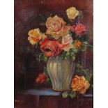 Bernasconi. Nature morte aux roses. HSToile. Signée. 35 x 27 cm (restaurations). -