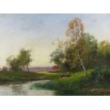 Edma Morizot. Paysage animé. HSToile. Signée. 49 x 65 cm (restauration). -