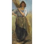 David de la Mar. Paysanne aux champs. HSPanneau. Signée. 68 x 32.5 cm. -