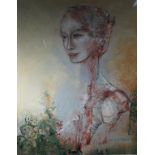 Carmelo de la Pinta. Personnage féminin. Pastel et aquarelle. Signé. 63 x 48.5 cm. -