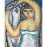 JM Hauviton. XXème. Femme et cheval. 1946. Huile sur papier marouflée sur carton [...]
