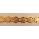 Bracelet en or jaune orné de 6 pièces de 20 francs or: 1855 A - 1914 - 1866 A - [...]