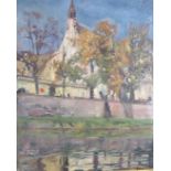 Fredrich Musslil. Vue depuis le fleuve. HSCarton. Signée. 54 x 45 cm. -