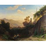 Ecole allemande XIXe. Paysage animé. HSToile. Porte une signature. 46.5 x 58 cm. -