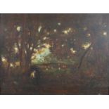 Ecole vers 1900. Paysage animé. HSpanneau. Porte une signature. 29.5 x 43.5 cm. -