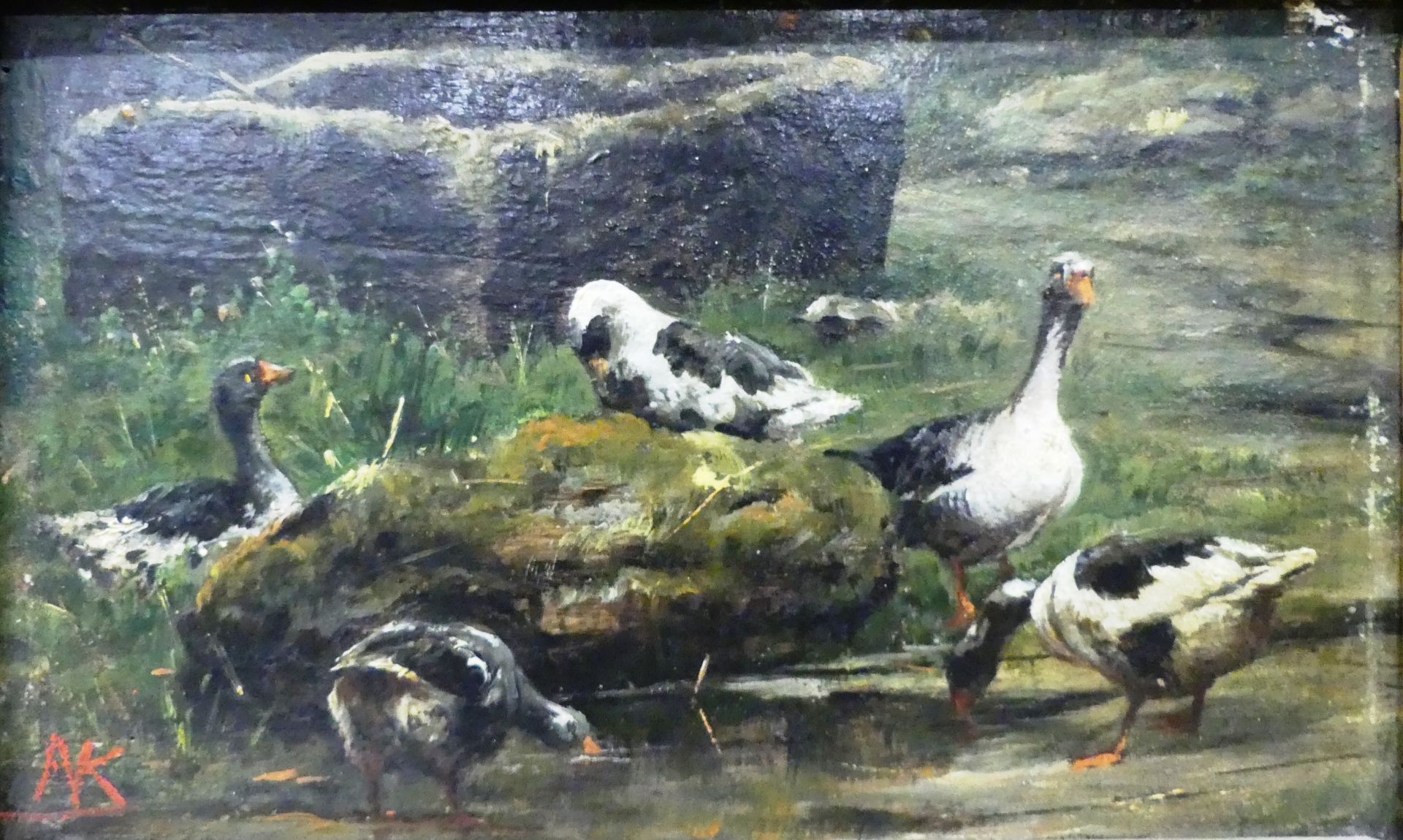 Ecole XIXe. Oies et canards. Huile sur panneau. Porte un monogramme A.K.. 11,5 x 19 cm. -