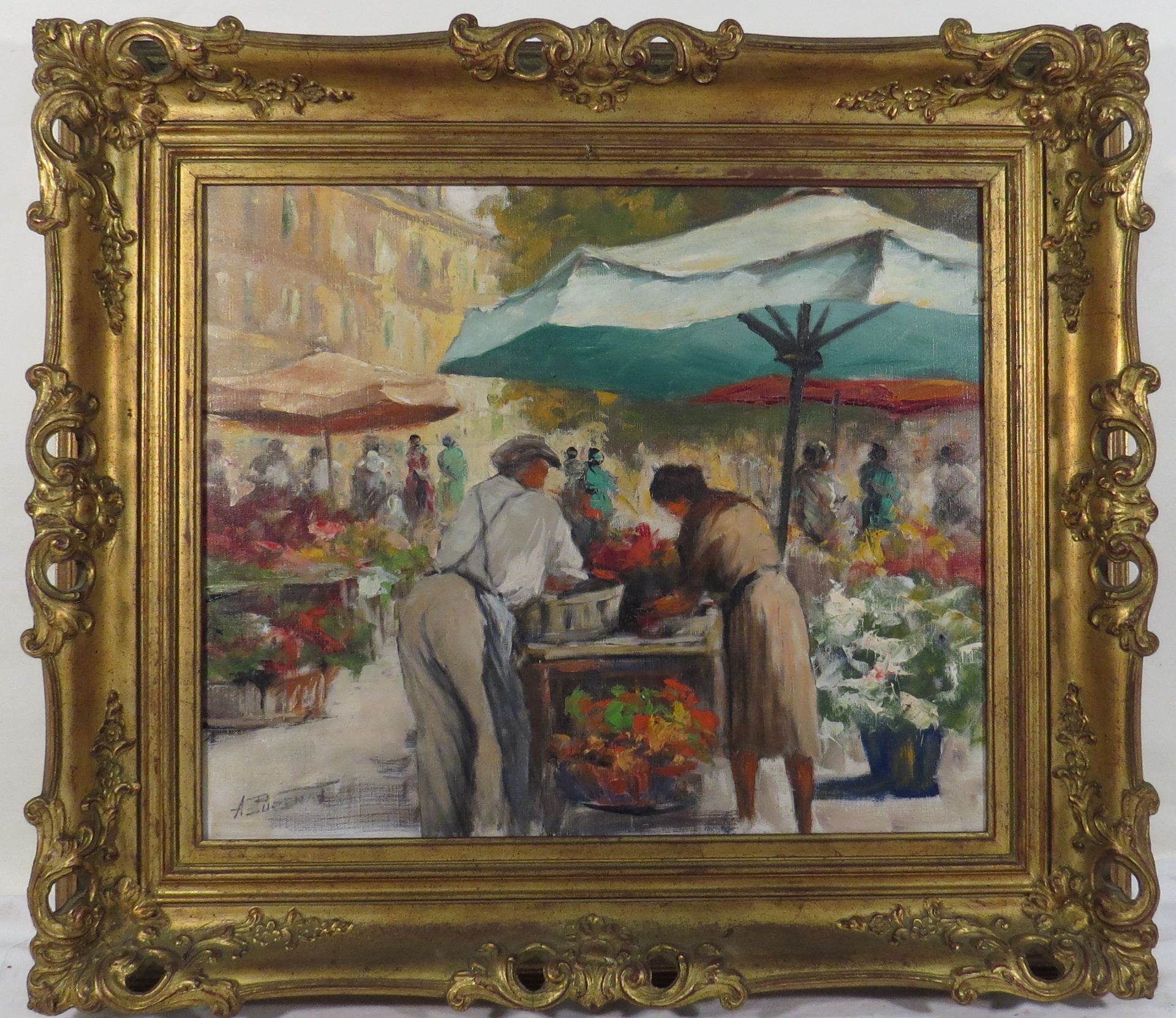 Ecole XXème. Marché aux fleurs. Huile sur toile. Porte une signature. 46 x 55 cm. - - Bild 2 aus 2