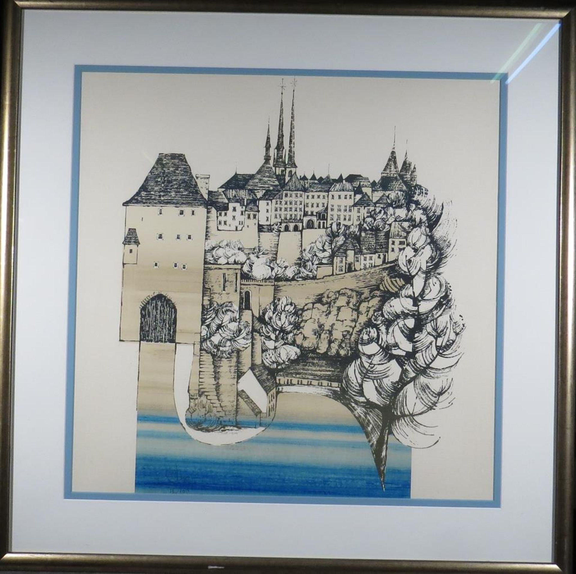 Wil Lofy. Vue de Luxembourg ville. Estampe. Signée et justifiée. 60 x 60 cm. - - Bild 2 aus 2