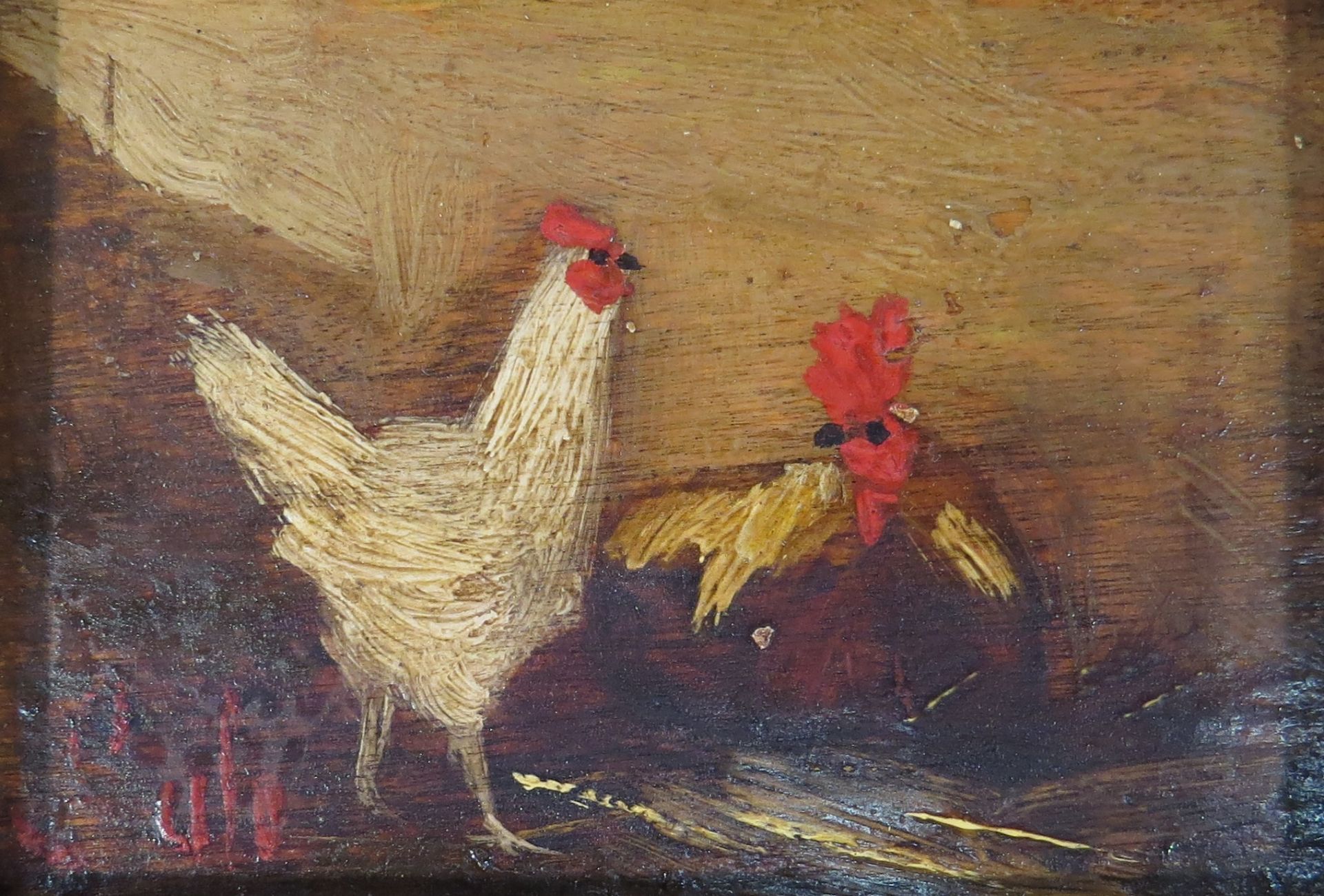 Ecole XIXème. Coqs et poules. 2 Huiles sur panneau en pendants. 6 x 9 cm. - - Bild 3 aus 3