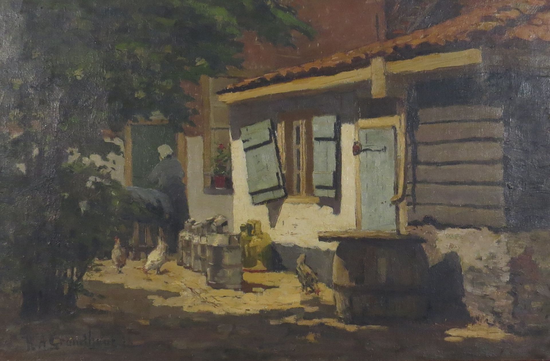 Adrianus Grondhout. 1878-1934. Cour de ferme. HSToile. Signée et datée 1916.39 x 57 [...]