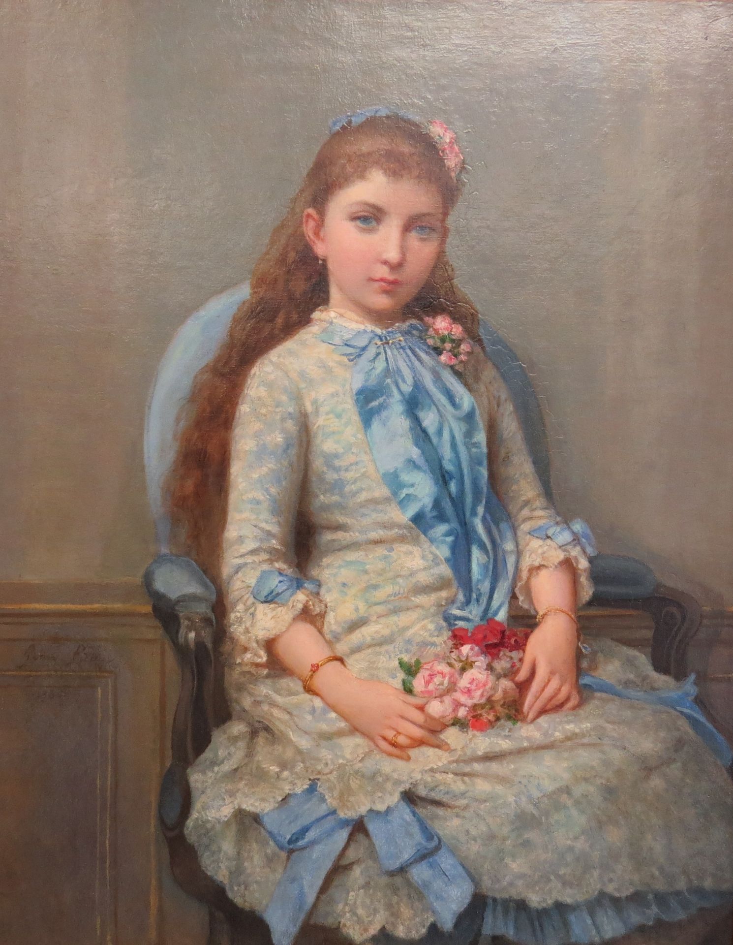 Henri Pierre Picou. Portrait d'une jeune fille au ruban bleu et aux fleurs. Huile sur [...]