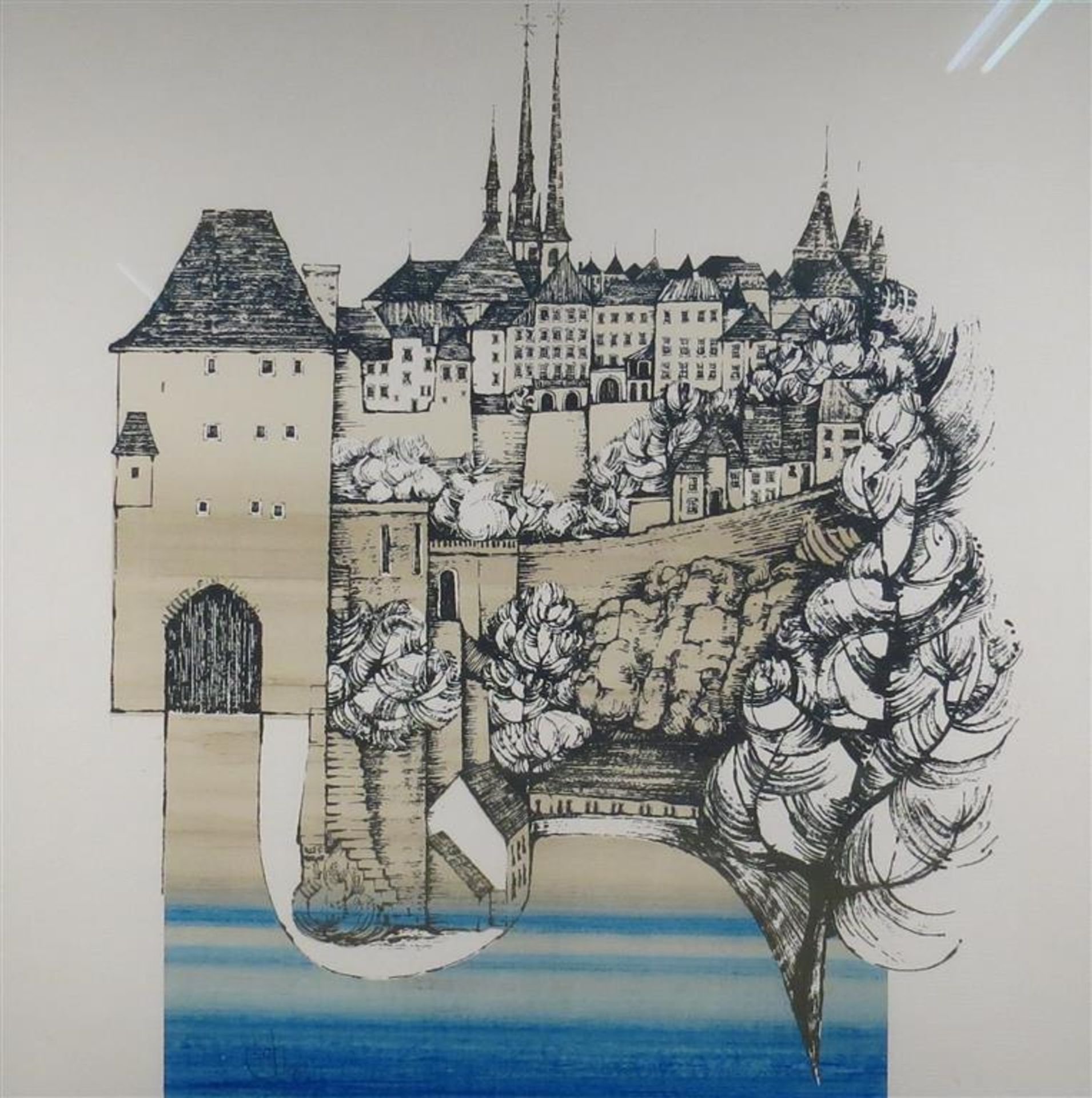 Wil Lofy. Vue de Luxembourg ville. Estampe. Signée et justifiée. 60 x 60 cm. -