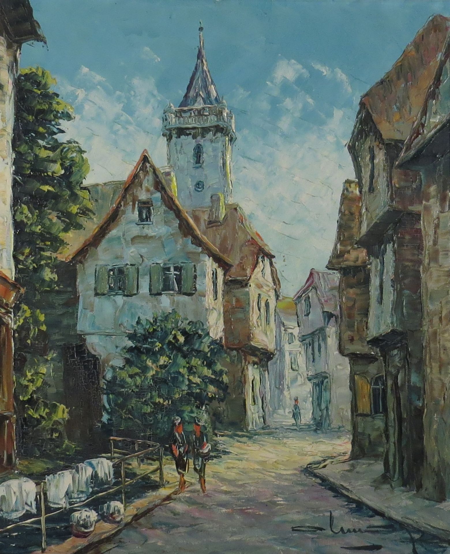 Ecole XXème. Vue de village. Huile sur toile. Porte une signature. 61 x 50 cm. -