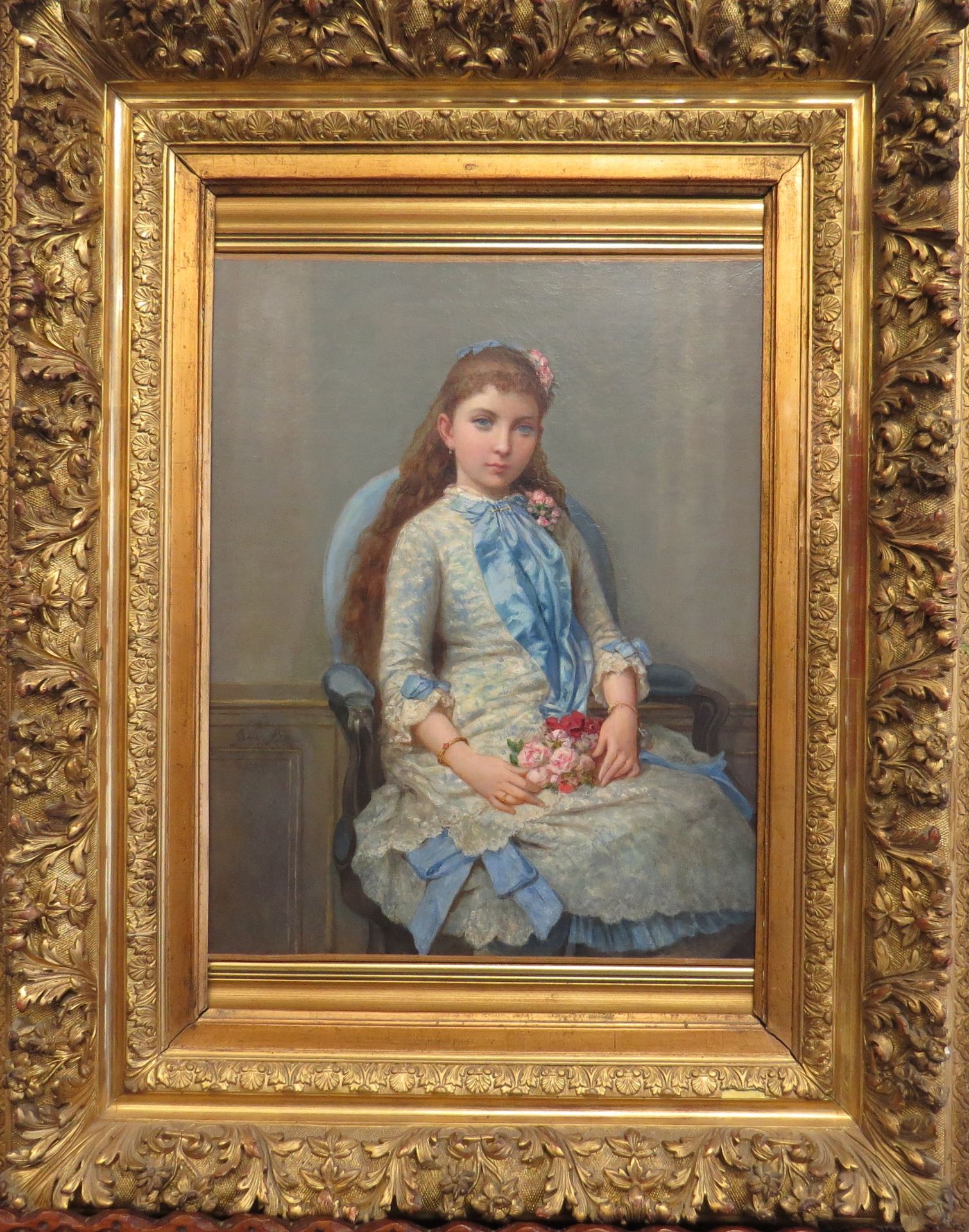 Henri Pierre Picou. Portrait d'une jeune fille au ruban bleu et aux fleurs. Huile sur [...] - Bild 2 aus 3