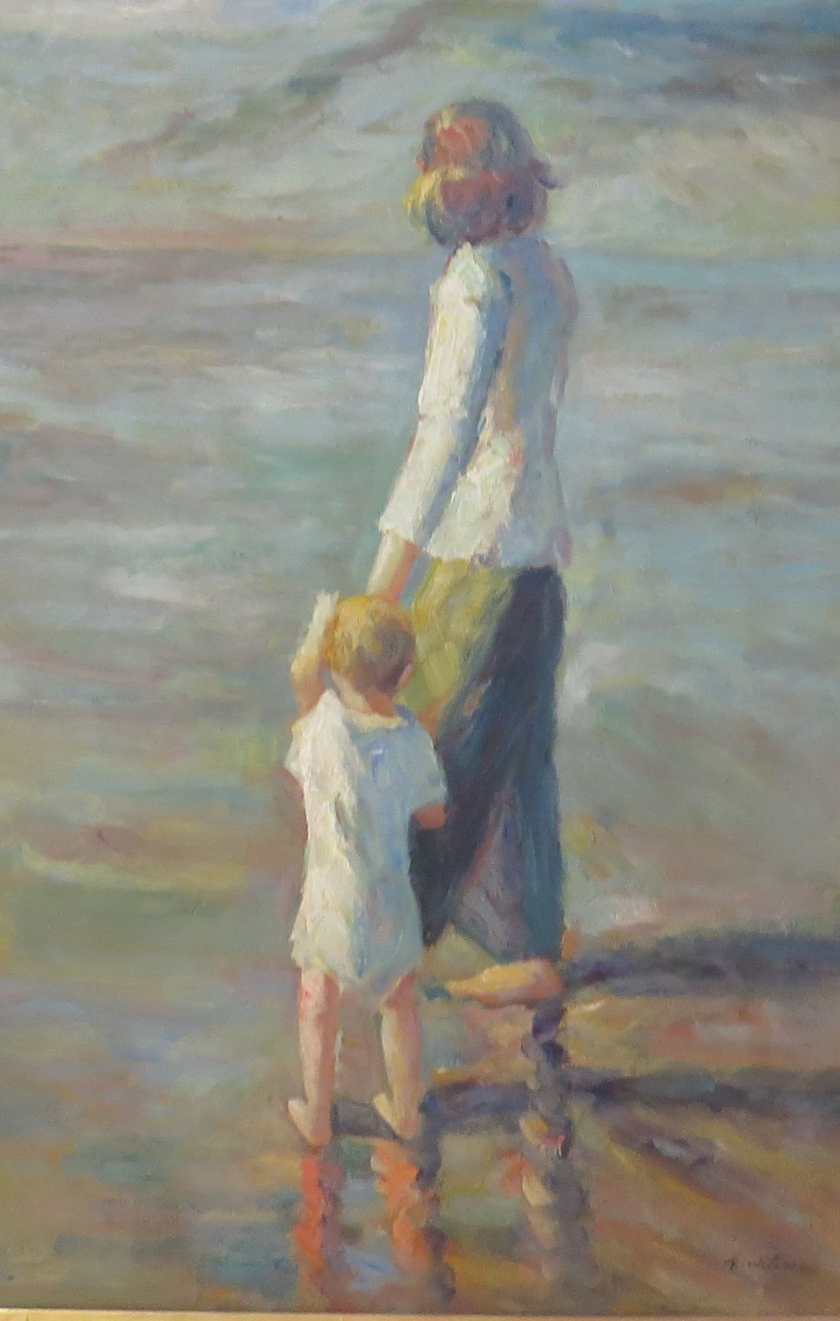 R. Wilson. Femme et enfant en bord de mer. Huile sur toile. Signée. 91,5 x 60 cm. -