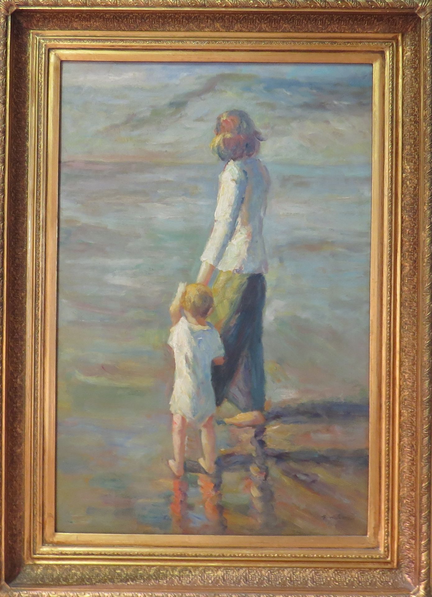 R. Wilson. Femme et enfant en bord de mer. Huile sur toile. Signée. 91,5 x 60 cm. - - Bild 2 aus 2