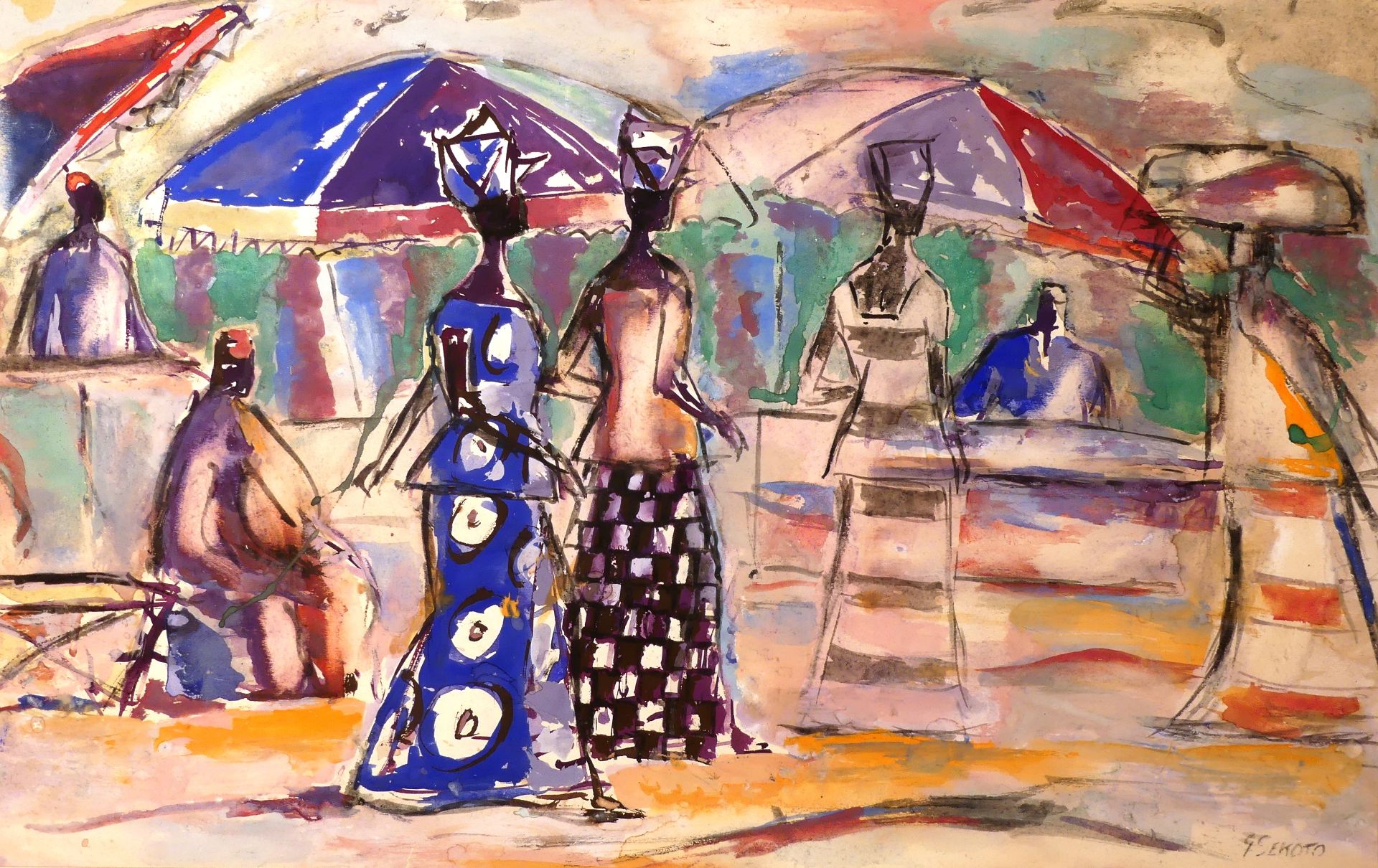 Gérard Sekoto. Scène de marché en Afrique du Sud. Gouache. Signée. 33.5 x 53 cm [...]