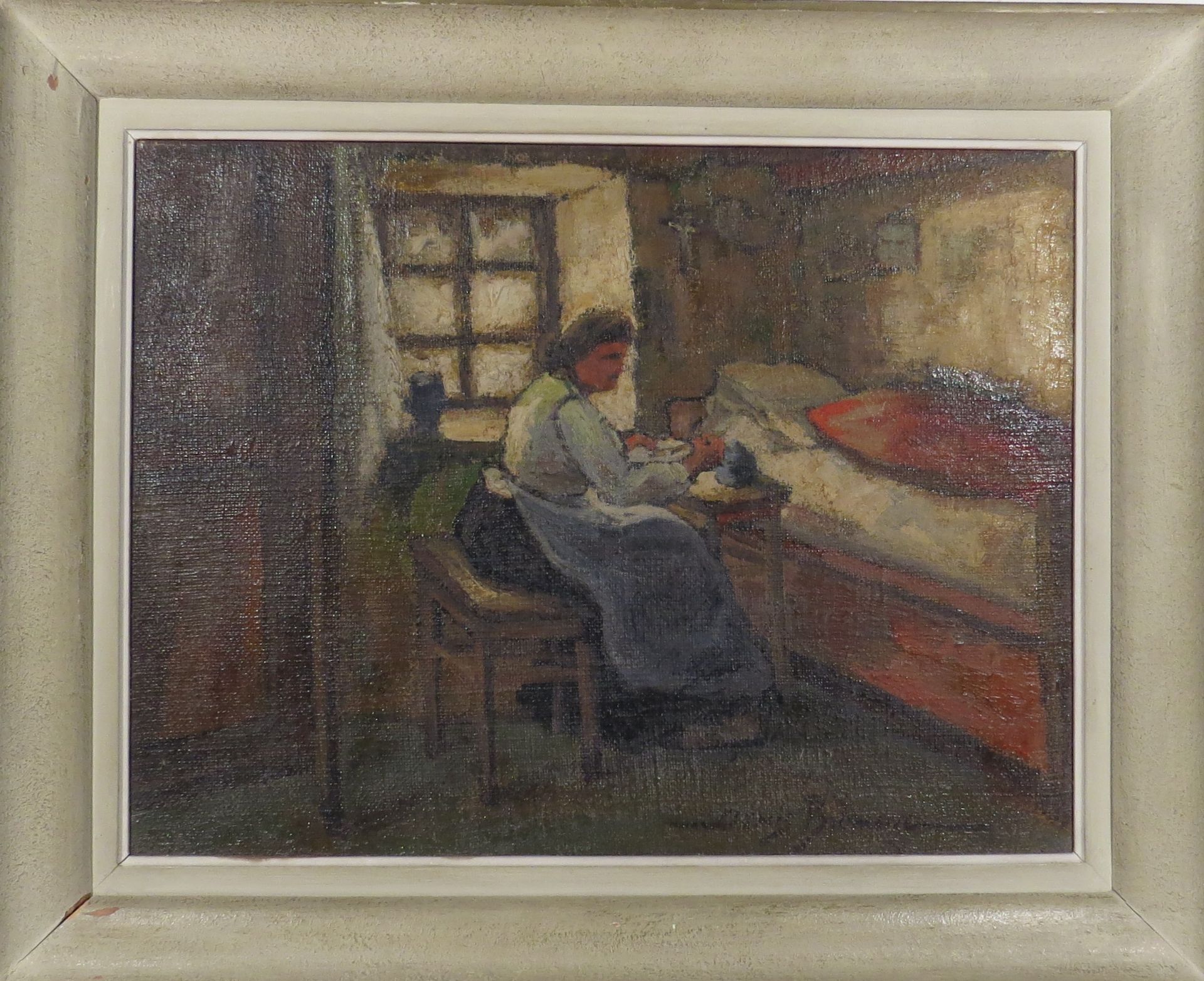 Ecole XXème. Scène d'intérieur. Huile sur toile. Porte une signature. 46 x 61 cm. - - Bild 2 aus 2